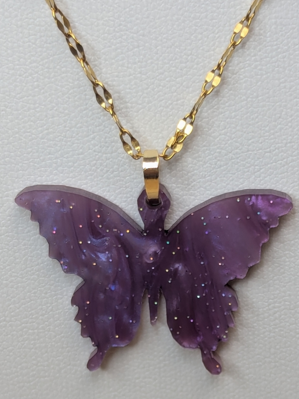 Lavender Butterfly Necklace Reversible Pendant 18K Gold Plated Chain 16" + 2" - Picture 3 of 13